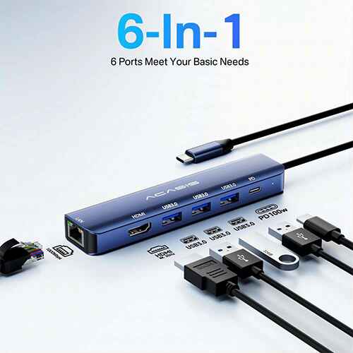 ACASIS 6 In 1 4K Docking Station Hub USB C Dual Display Adapter With 1 HDMI Ports 1 100W PD Ports 3 USB Ports 1 Ethernet Lan Ports USB Type-C Hub - Image 2